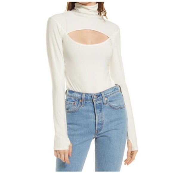 Open Edit Ivory Cut Out Front Long Sleeves Turtleneck Thong Bodysuit Size XS - Picture 1 of 10